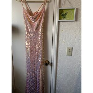 Triangle lights Pink Sequin Gown Formal Maxi Dress Backless Party Prom size 9‎